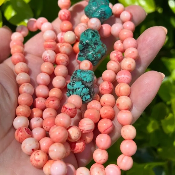 VINTAGE ANGEL SKIN CORAL &LARGE TURQUOISE BEADS LONG NECKLACE UNIQUE COLOR COMBO